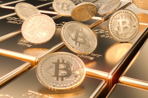 Goldbarren und Bitcoin-Münzen
