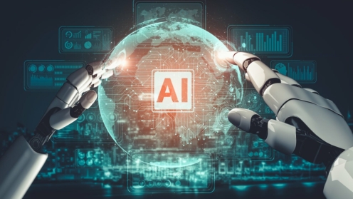Roboterhaende halten ein AI-Hologramm