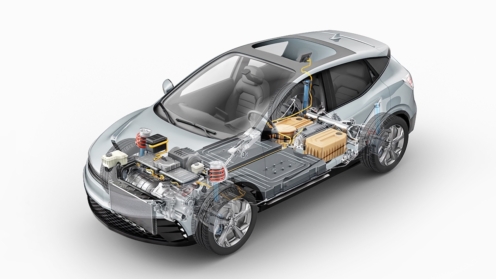 Elektroauto technisches Cutaway 3D-Rendering.