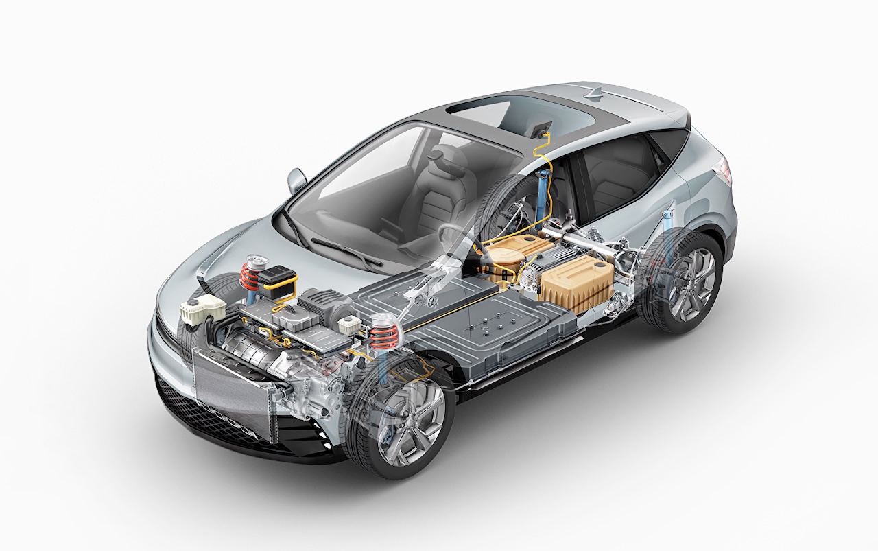 Elektroauto technisches Cutaway 3D-Rendering.