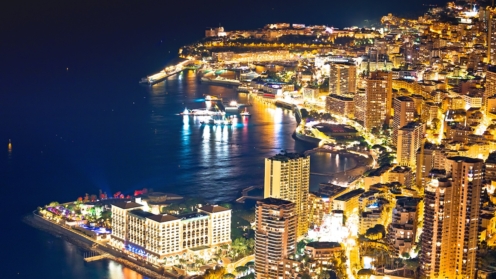 Monaco. Monte Carlo Stadtbild bunte Abendansicht von oben