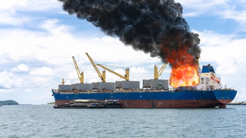 Großes Stückgutschiff für logistische Import Exportgüter und andere die Explosion und hatte eine Menge Feuer und Rauch auf See in hellem Tag