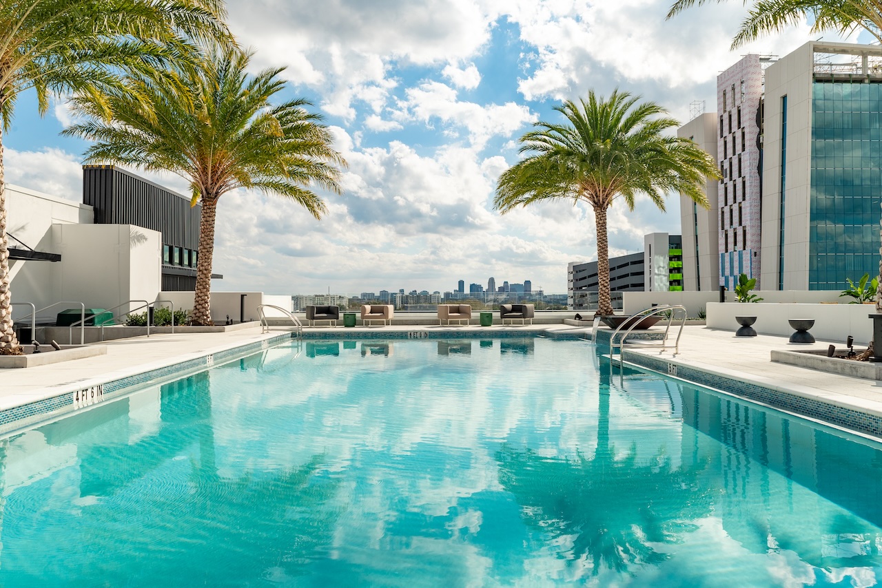 Blick über einen Pool mit Palmen auf eine Stadt