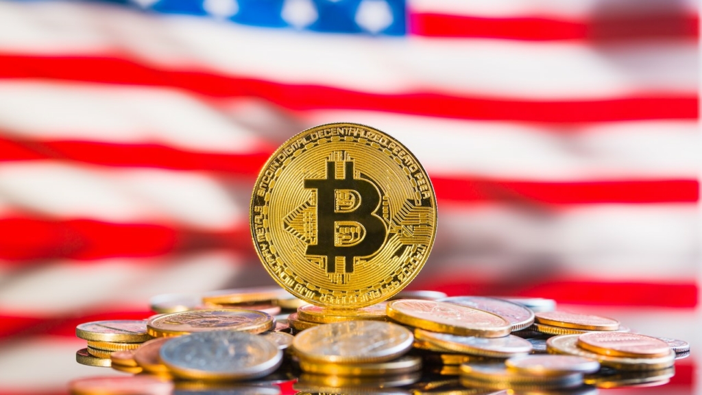 Bitcoin vor US-Flagge