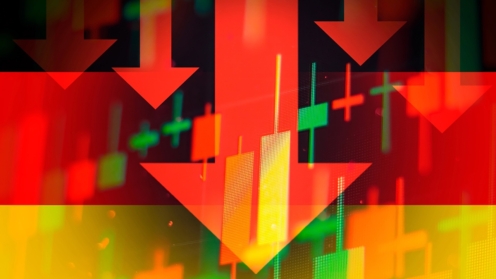 Fallende Pfeile zeigen abnehmenden Trend in der Wirtschaft oder Abwärtstrend an der Börse in Deutschland