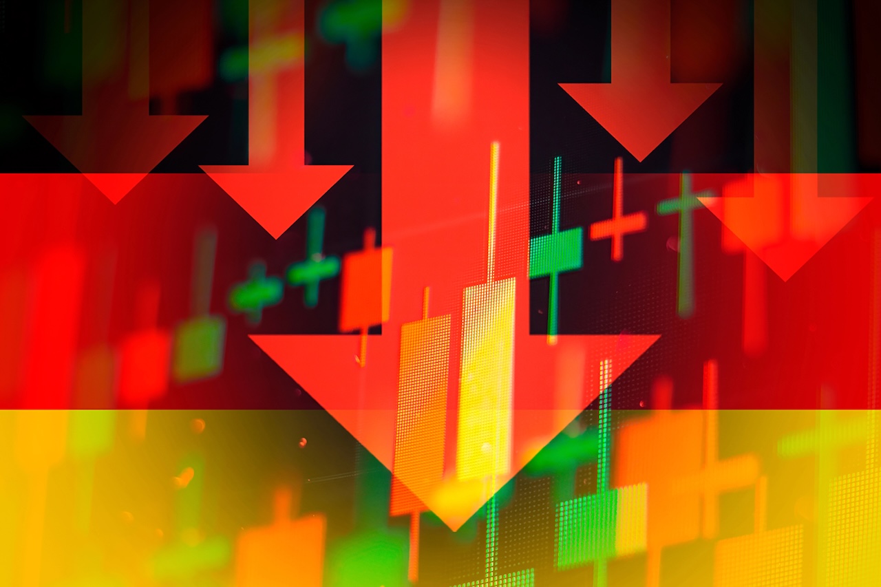 Fallende Pfeile zeigen abnehmenden Trend in der Wirtschaft oder Abwärtstrend an der Börse in Deutschland